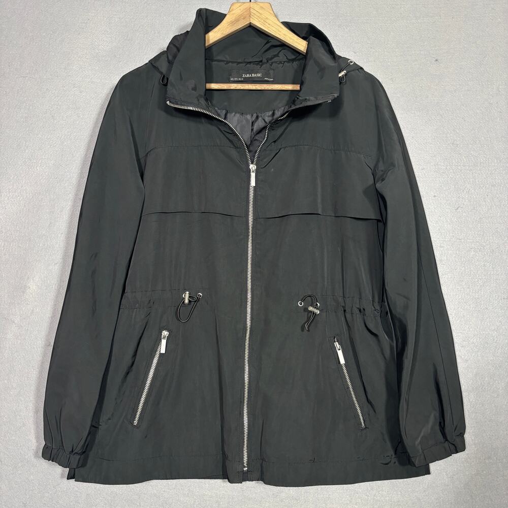 Zara Basic Black Hooded Jacket L Zip Front Athlet… - image 1